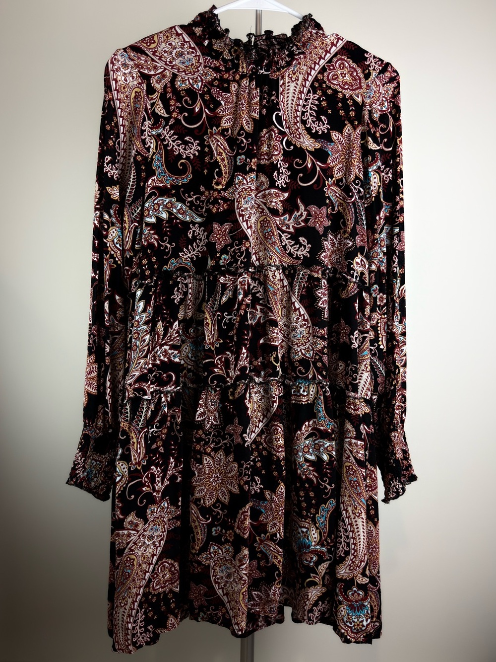 by Anthropologie Paisley Tiered Mini Dress Ruffle Neck Long Sleeve S